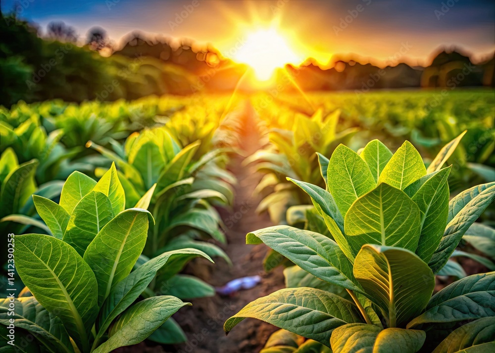 Fototapeta premium Lush Organic Tobacco Farm Rows, Bokeh Photography, Green Tobacco Leaves, Plantation Scenery, Agricultural Landscape