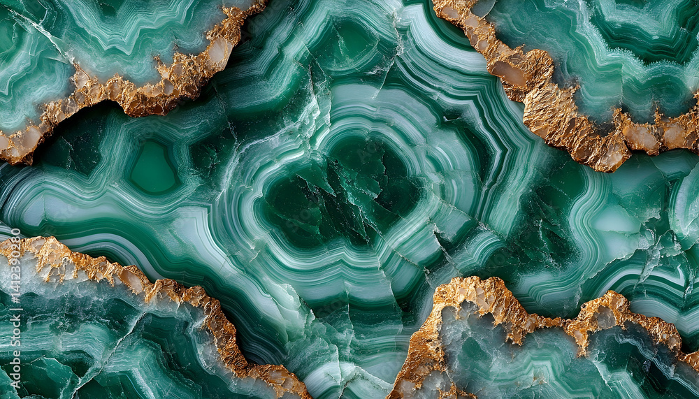 Obraz premium Elegant green agate stone with golden veins, showcasing natural patterns and textures for design use