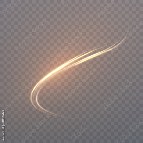 Golden curved light trails with orange glow effect on transparent background. Vector for dynamic graphics, digital overlays, holiday designs or dynamic glowing backgrounds.