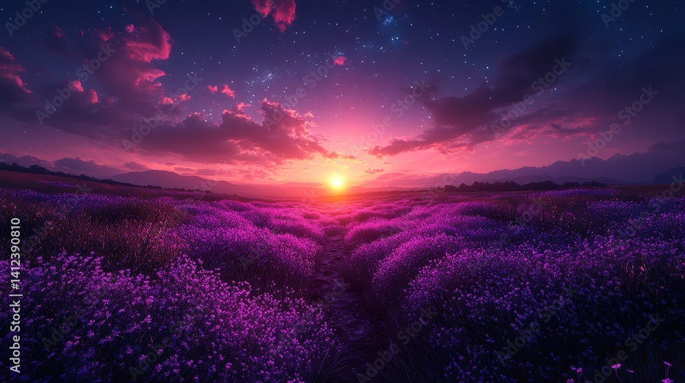 Magical sunset over vibrant purple flower field starry sky path leading to the sun s glow