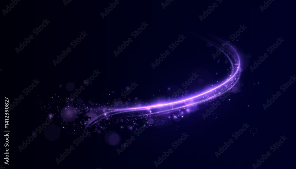 Curved purple light trail with glowing particles, glitter and bokeh on a dark background. Perfect for fantasy designs, space scenes, magical energy effects and abstract UI elements.