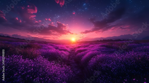 Obraz na płótnie Magical sunset over vibrant purple flower field starry sky path leading to the sun s glow w salonie