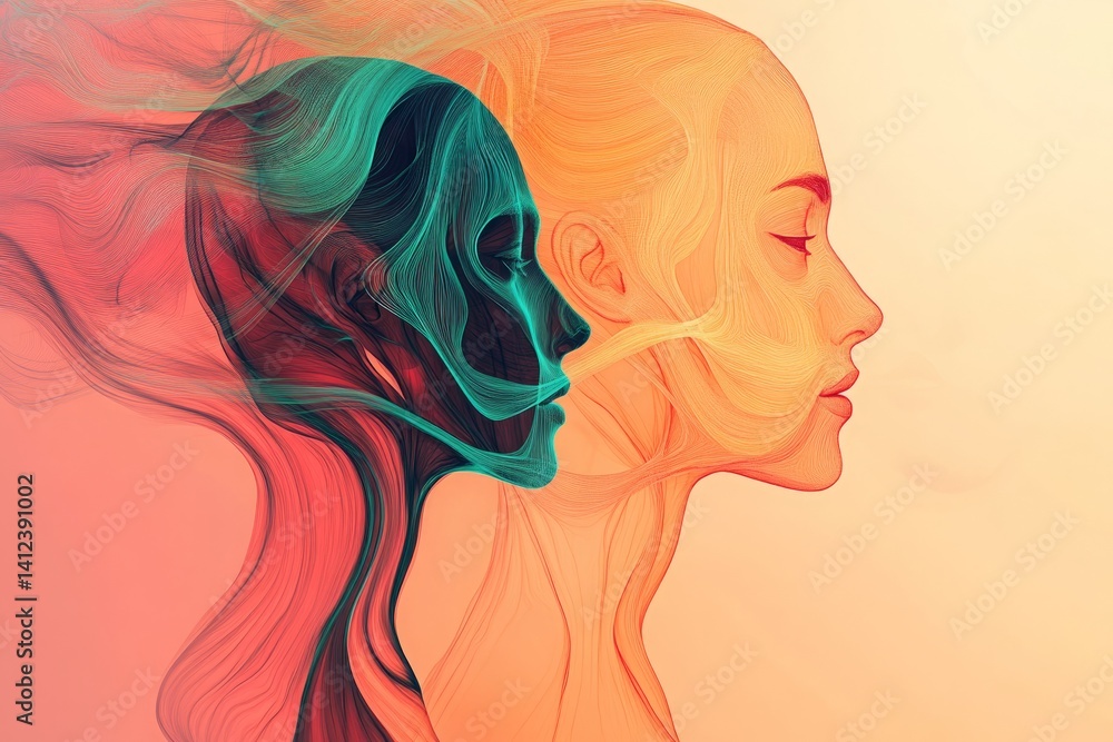 Abstract Art of Two Faces with Colorful Flowing Lines in Harmony Abstract Art of Two Faces with Colorful Flowing Lines in Harmony