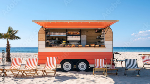 Seaside Food Haven: A vibrant food truck, parked on a sandy beach with chairs and palm trees. offering tasty treats by the tranquil ocean, is a paradise.
