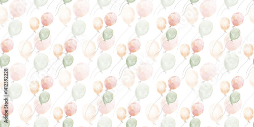 Wallpaper Mural Colorful flying air balloons background. Watercolor nursery seamless surface pattern design. Cute baby print for birthday, party decor, textile, bed linen, baby shower, wallpaper and children's room Torontodigital.ca