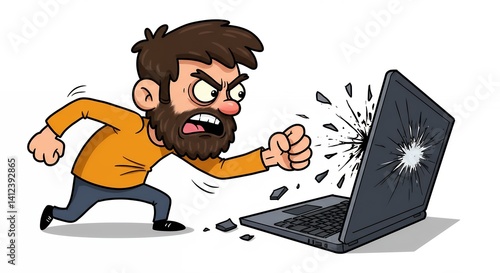 Angry man smashing laptop illustration
