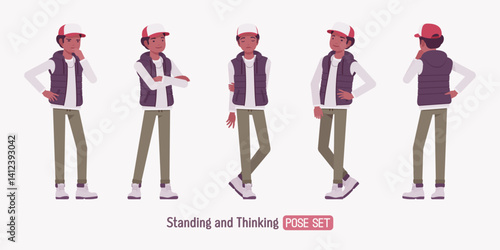 Young dark skin guy wearing cap, vest standing pose set. Boy urban, camping holiday, outing hiking boots, male casual and daily outdoors chilly or cold activity. Vector flat style cartoon illustration
