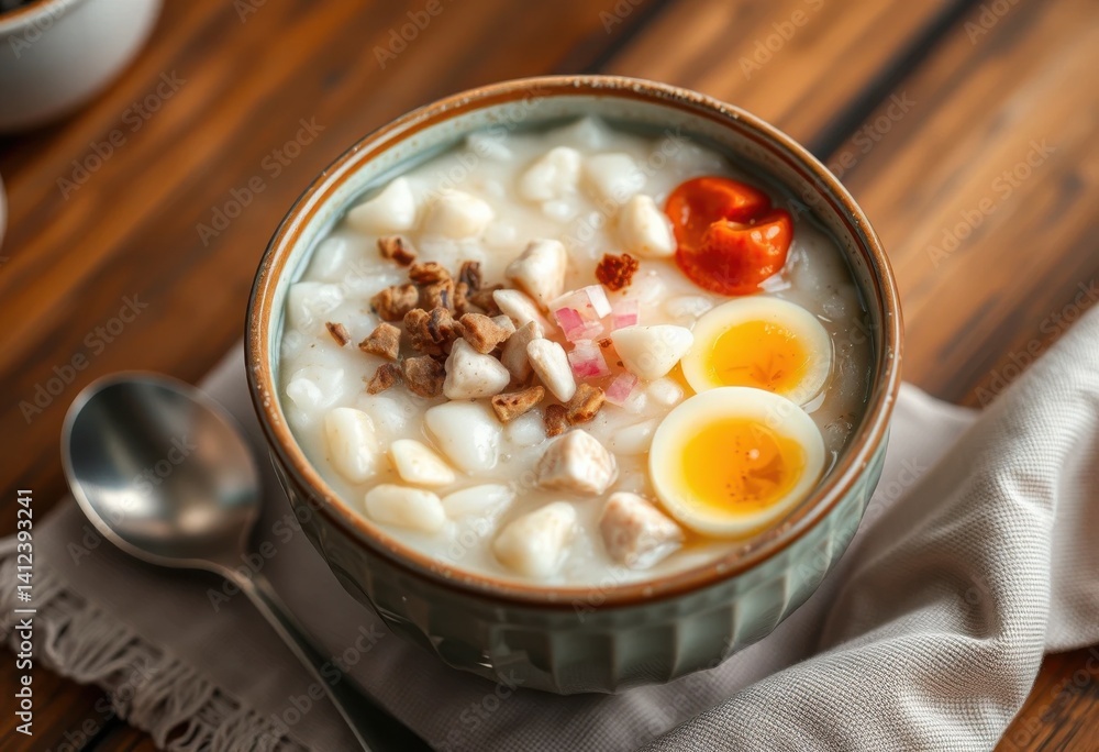 Delicious Creamy Chicken and White Rice Porridge Bowl with Boiled Eggs and Toppings Delicious Creamy Chicken and White Rice Porridge Bowl with Boiled Eggs and Toppings
