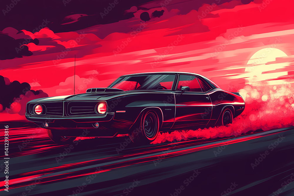 Naklejka premium Vintage Car's Fiery Drive: A vintage muscle car speeds along a road, leaving a trail of smoke beneath a dramatic, red-hued sunset. A scene of power and classic design.