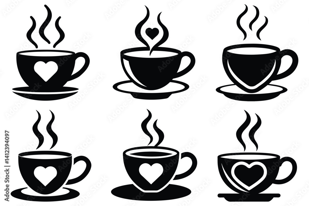 Fototapeta premium A set of teacup icons with heart shaped steam