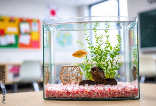 Small aquarium with one goldfish plants and pink gravel sitting on a table in a classroom
