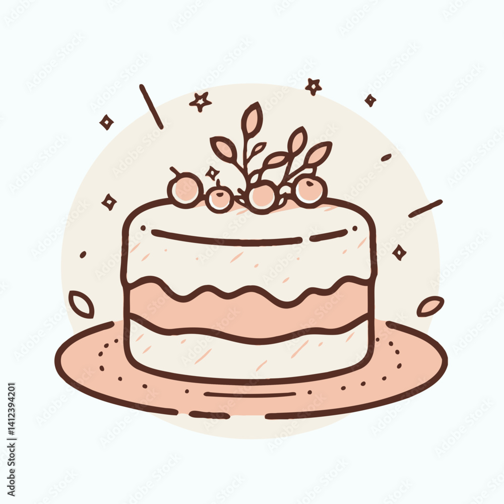 Cartoon cake illustration with berries and leaves on top Cartoon cake illustration with berries and leaves on top