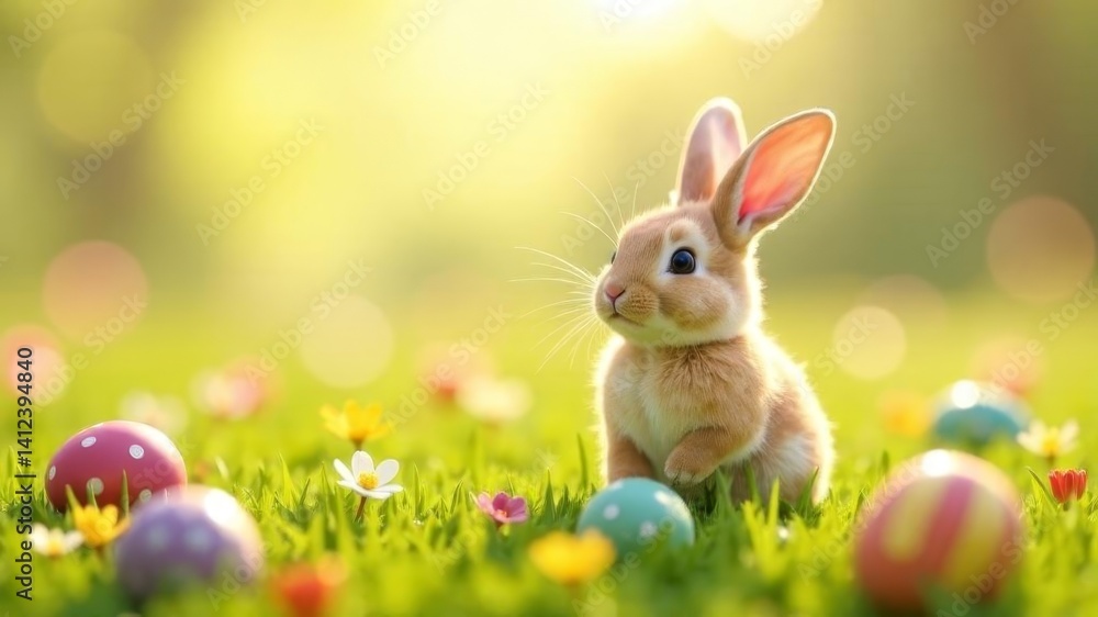 Fototapeta premium Cute bunny sitting in grass among Easter eggs and flowers in sunny spring field.