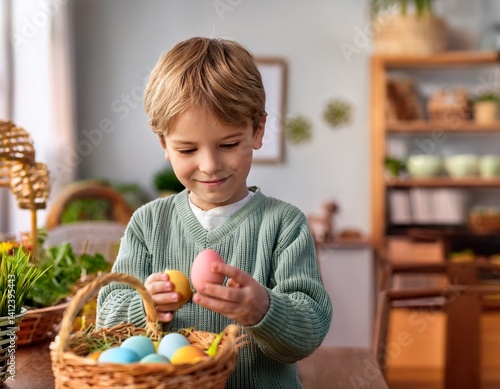 egg hunt, traditional catholic orthodox easter. Little boy celebrate Easter at home