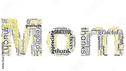word cloud centered on "Mom," filled with love, care, and appreciation. Perfect for Mother's Day, family themes, greeting cards, and emotional celebration visuals