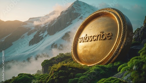 A massive golden coin with the word subscribe rests on lush greenery amid towering mountains and a beautiful sunset sky