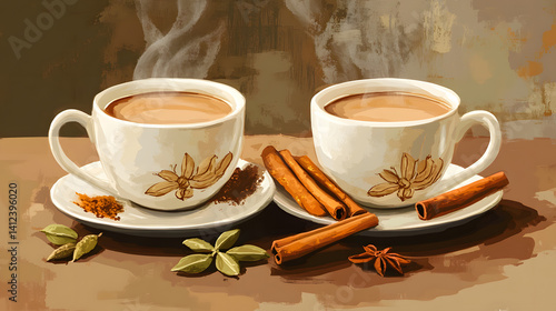 Two steaming cups of spiced chai tea with cinnamon sticks and aromatic spices beside them.