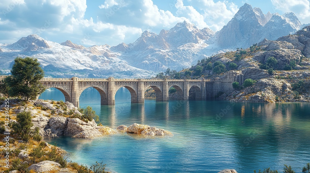 Serene stone bridge spanning a turquoise lake majestic snow capped mountains backdrop Vivid blue