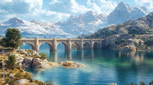 Obraz na płótnie Serene stone bridge spanning a turquoise lake majestic snow capped mountains backdrop Vivid blue w salonie