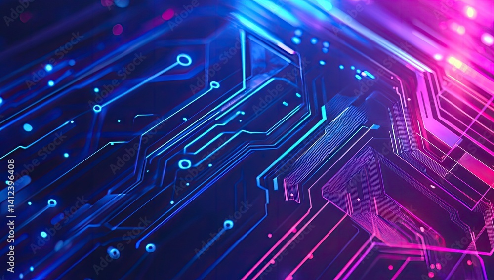 Futuristic circuit board glowing with vibrant neon lights. Complex network of interconnected lines and components. Abstract digital art Futuristic circuit board glowing with vibrant neon lights. Complex network of interconnected lines and components. Abstract digital art