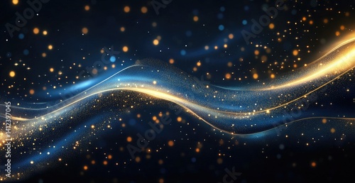 Fototapeta Naklejka Na Ścianę i Meble -  Abstract wavy lines, gold and blue particles on dark background