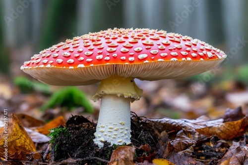 A red and white fly agaric mushroom (Amanita muscaria) growing in a misty forest, surrounded by fallen leaves