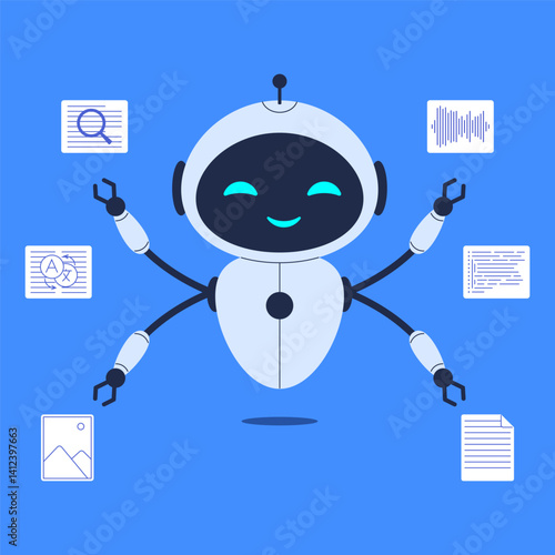 Multitasking robot handling various functions. Vector illustration for artificial intelligence, smart assistant and automation technology concepts