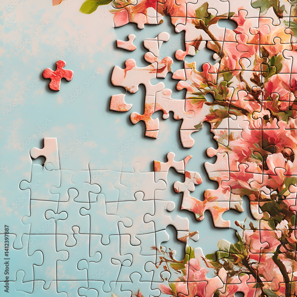 Fototapeta premium Whimsical jigsaw puzzle pieces among blossoming cherry trees artistic display bright environment close-up view creativity unleashed