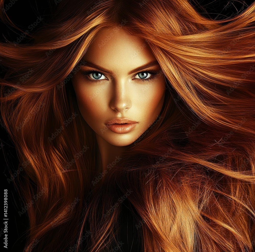 Obraz premium A redhead woman with long hair is portrayed against a black backdrop, embodying perfection with her blue eyes, flawless skin, subtle natural makeup, and vibrant red locks