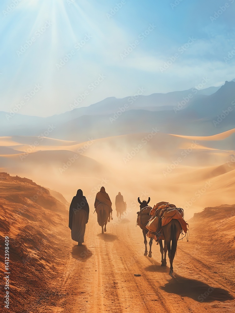 People and Donkeys Walking Desert Road Under Bright Sun Seeking Adventure