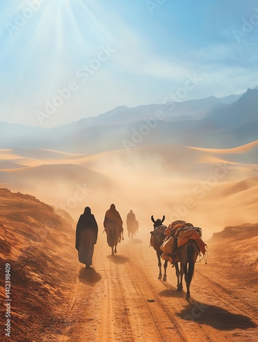 People and Donkeys Walking Desert Road Under Bright Sun Seeking Adventure