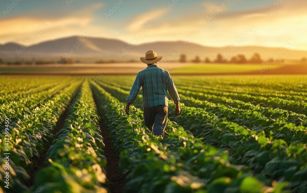 Fototapeta premium A Farmer's Day in the Field: Majestic Sunset over Lush Crops
