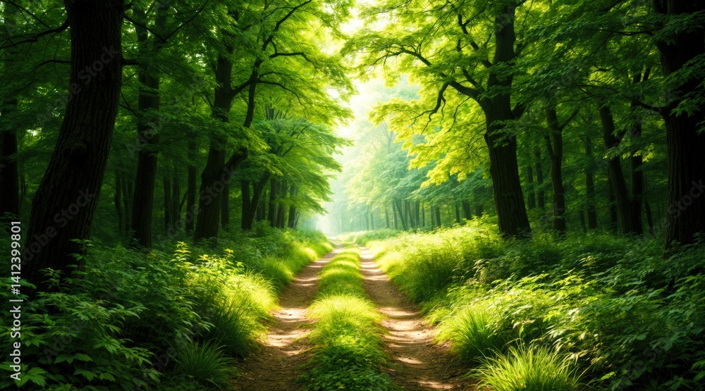 Obraz premium Sunlit Path Through Lush Green Forest in Summer