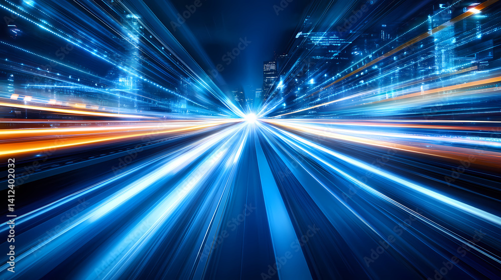 Obraz premium City Lights: A captivating image of a city bathed in radiant beams of light. The dynamic interplay of light trails in a city, symbolizing motion and the forward march of technology and transport. 