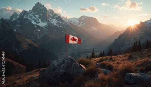 A Canadian flag waving atop a rocky peak with sun rays piercing the valley background evoking strong patriotic vibes for Canada Day in a dramatic mountain setting