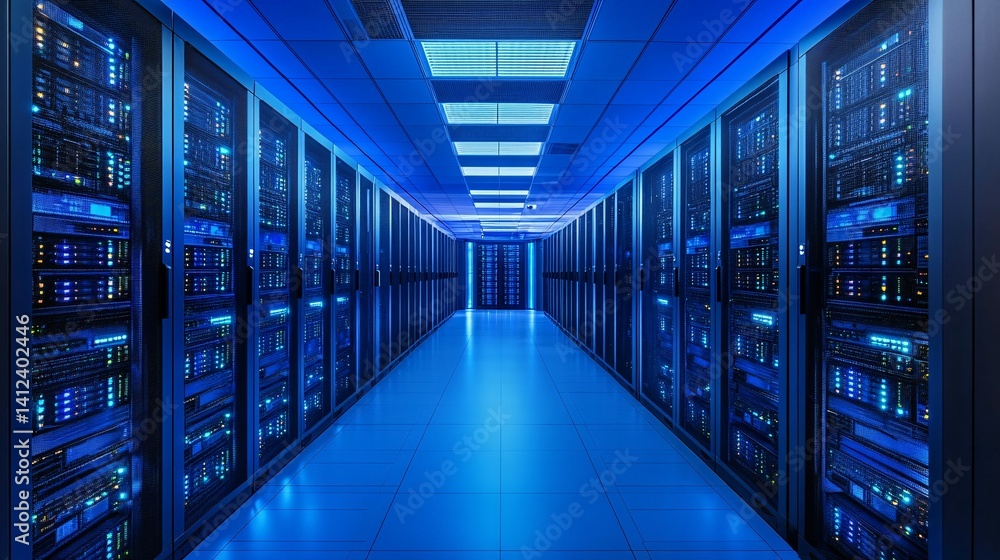 A server room with rows of computer servers illuminated by blue light. A server room with rows of computer servers illuminated by blue light.