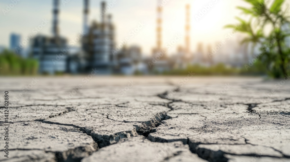 Obraz premium Cracked earth with fading tree shadows and distant industry, symbolizing nature's decline under human influence 