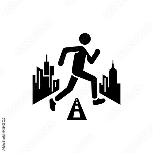 Running man in urban city environment in PNG with transparent background