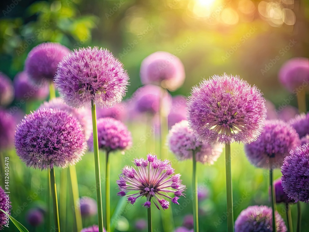 Fototapeta premium Vintage Allium Bloom: Serene Garden Photography, Purple Flowers, Morning Light, Lush Greenery