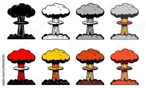 Colorful set of mushroom cloud vector illustrations, different colors