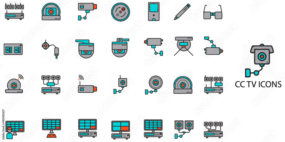 CC Tv simple concept 28 colour icons set. Contains such Security camera icon, Cc tv symbol .Vector illustration. CC Tv simple concept 28 colour icons set. Contains such Security camera icon, Cc tv symbol .Vector illustration.