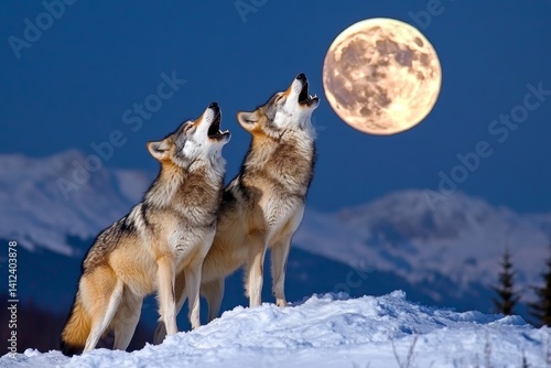 A wolf pack (Canidae family) howling together on a snowy mountaintop under the full moon