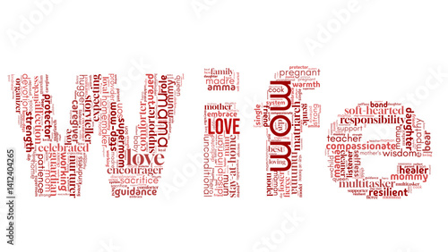 word cloud centered on "Wife," filled with expressions of love, partnership, and appreciation. Ideal for anniversaries, weddings, and relationship-themed visuals