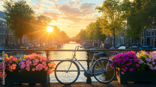 Wallpaper Mural Amsterdam Bicycle Sunset: A scenic view of an Amsterdam canal at sunset. a bicycle and vibrant flower boxes and sun-kissed houses and a beautiful river with a tranquil and charming atmosphere.  Torontodigital.ca