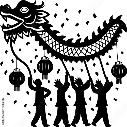 Holiday celebration scene, SVG with clean lines. Traditional Dragon Dance Performance with Colorful Lanterns