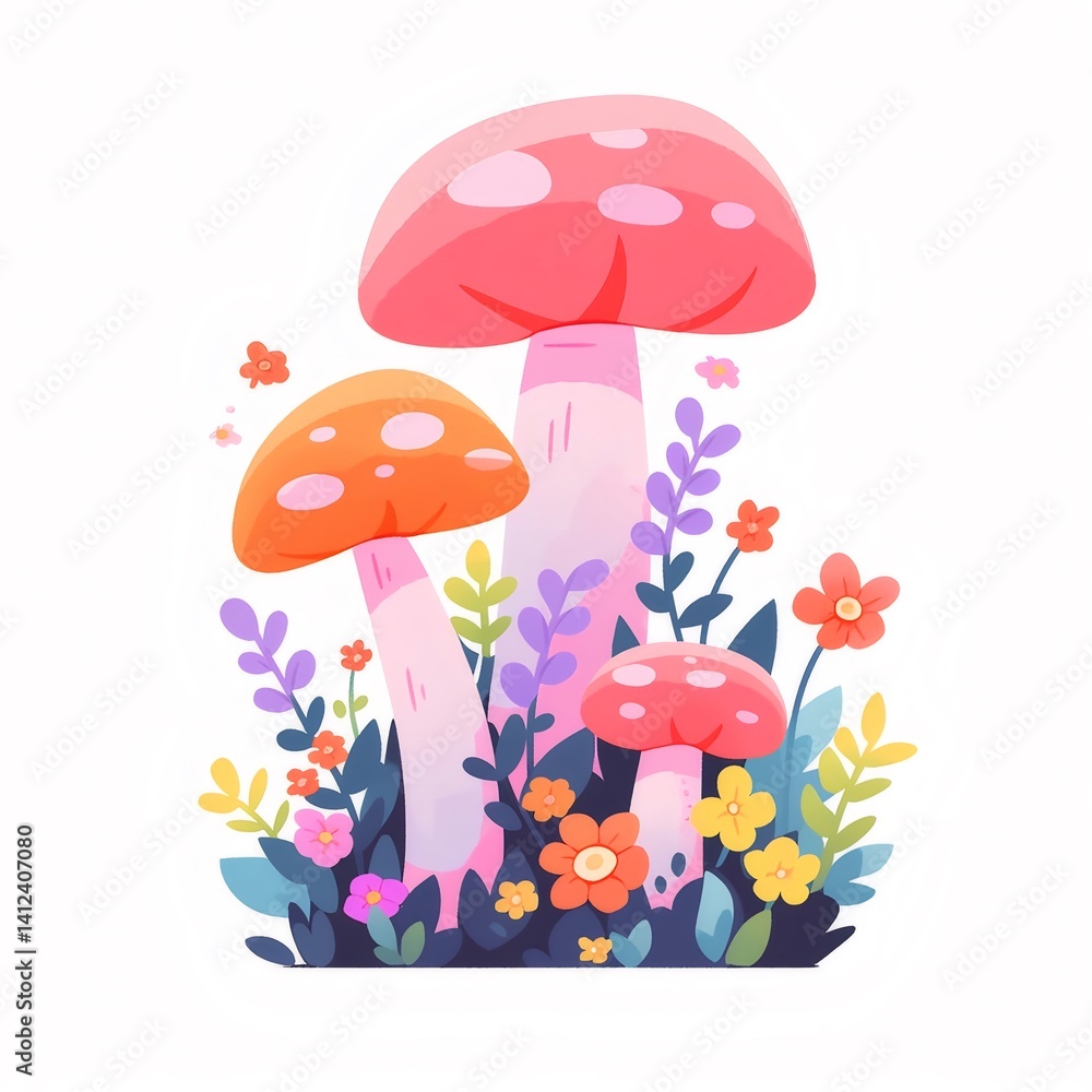 カラフルなキノコと花が咲き乱れるイラスト 白い背景の装飾デザイン カラフルなキノコと花が咲き乱れるイラスト 白い背景の装飾デザイン