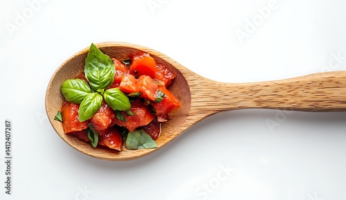 Wooden spoon with tomato sauce and basil, isolated on a white background