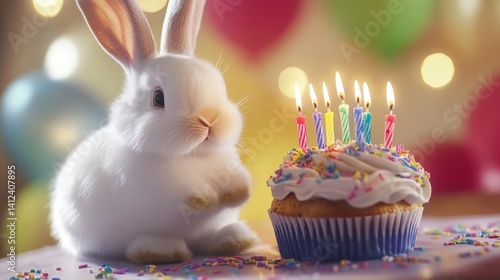Bunny's Birthday Bash: A cute white bunny celebrates its birthday with a colorful cupcake adorned with lit candles, amidst a festive scene of balloons and soft bokeh lights.