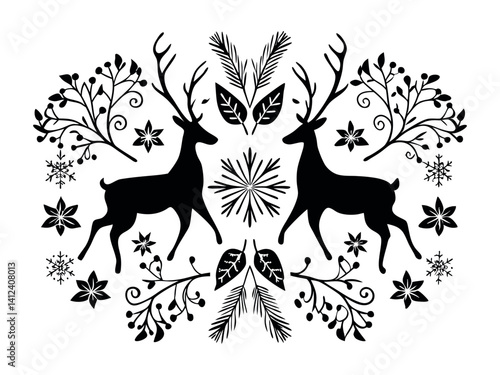 Vector hand-drawn illustration of animals in Nordic style hygge. Silhouette of a deer in a floral pattern in a folk Scandinavian style