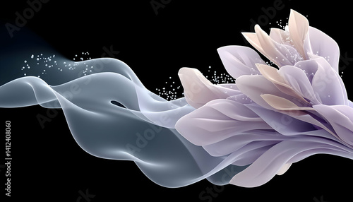 Abstract floral design with flowing, translucent petals and smoky waves against a black background